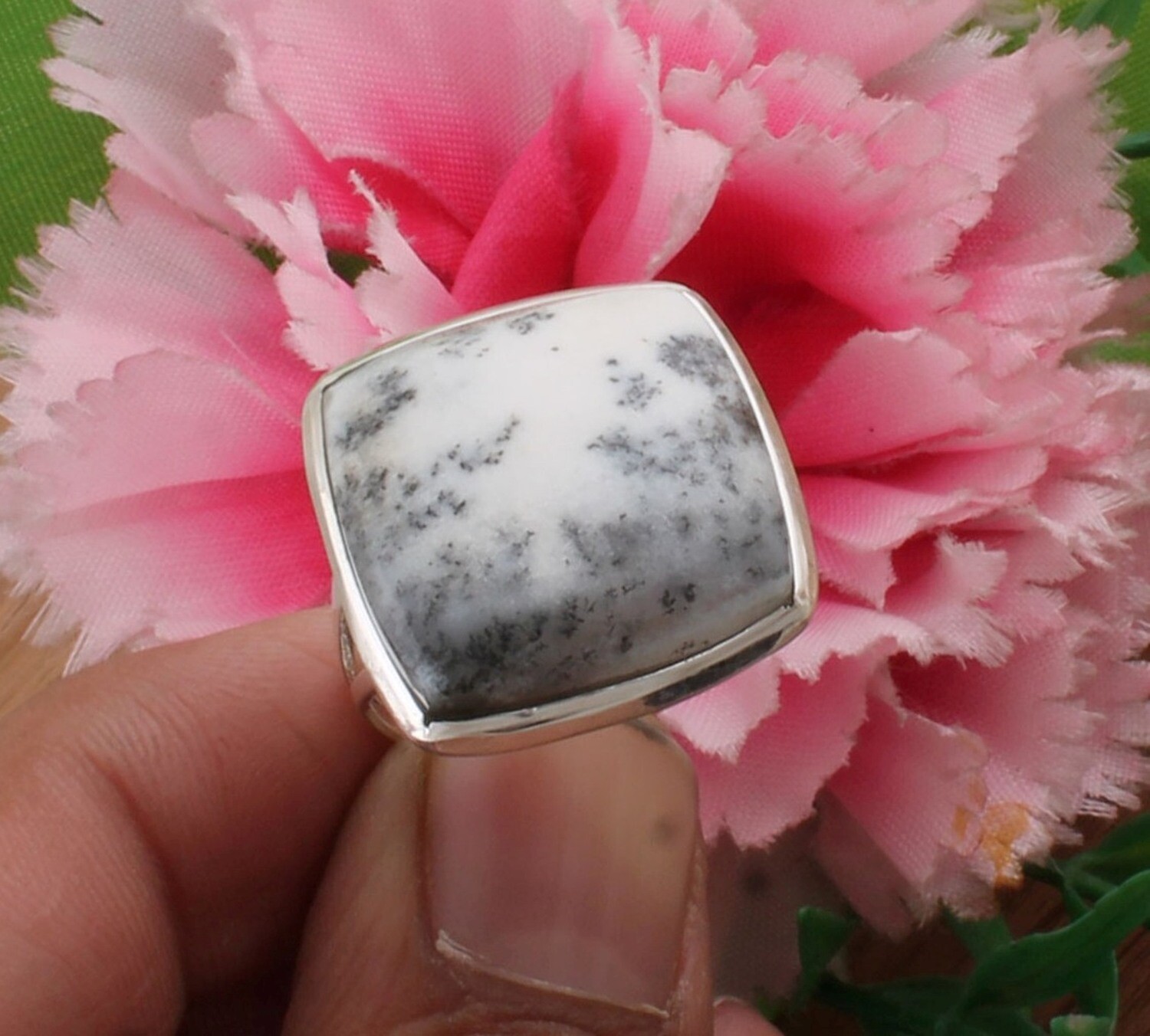 Square Dendrite Opal Ring / Solid 925 Sterling Silver Ring - Designer Engagement  Ring / Handmade Ring For Women Gifts For Her