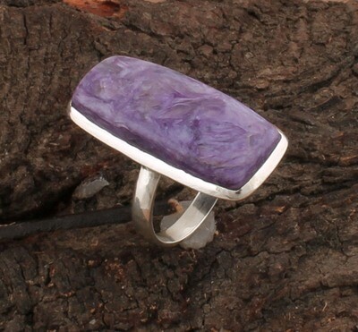 Designer Handmade Women Silver Jewelry | 925 Sterling Silver Natural Charoite Gemstone Silver Ring | Rectangle Shape Stone Ring | Women Gift For Her