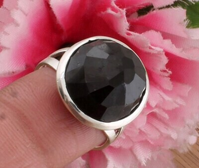 Designer Ring / Natural Black Onyx Solid 925 Sterling Silver Round Shape Ring For Women / Handmade Cut Stone Fancy Ring Gifts For Her