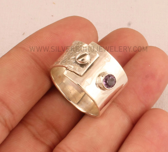 Amethyst Designer Band Solid 925 Sterling Silver Round Shape Gemstone Ring For Women - Handmade Textured Band Ring For Women Gift