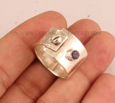 Amethyst Designer Band Solid 925 Sterling Silver Round Shape Gemstone Ring For Women - Handmade Textured Band Ring For Women Gift