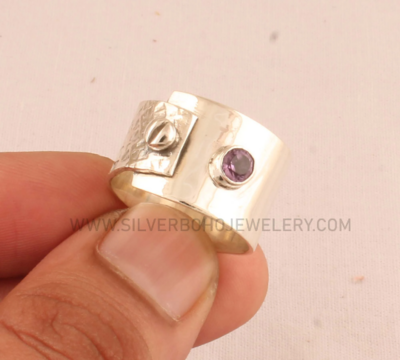 Amethyst Designer Band Solid 925 Sterling Silver Round Shape Gemstone Ring For Women - Handmade Textured Band Ring For Women Gift