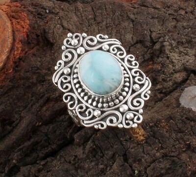 Beautiful Natural Larimar Gemstone Ring / 925 Sterling Silver Oval Shape Ring / Middle Finger Designer Ring / Antique Silver Ring Engagement Ring Gifts For Her