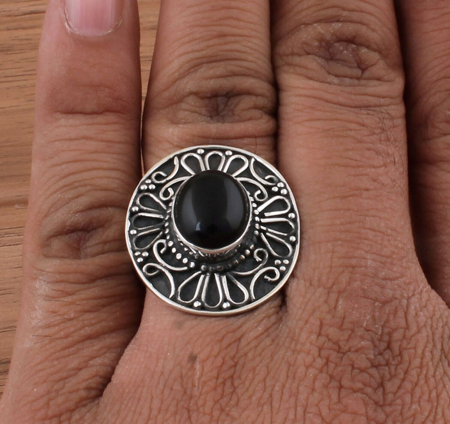 Beautiful Natural Black Onyx Top Quality Gemstone Ring / 925 Sterling Silver Ring / Oval Shape Cabochon Leaf Designer Ring / Friends Gifts For Her