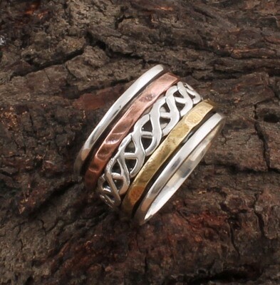 Hand Carved Hammered Three Tone Spinner 925 Solid Silver &amp; Brass Ring / Designer Boho Band Ring / Meditation Ring / Handmade Jewelry / Friends Gifts For Her