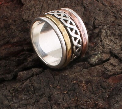 Hand Carved Hammered Three Tone Spinner 925 Solid Silver &amp; Brass Ring / Designer Boho Band Ring / Meditation Ring / Handmade Jewelry / Friends Gifts For Her