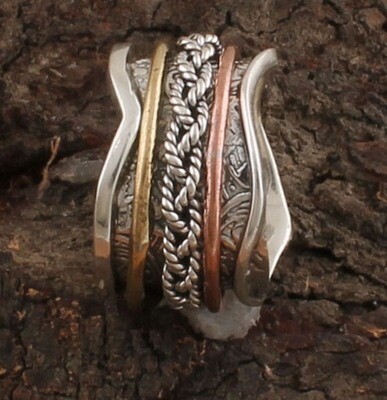 Hand Carved Top Quality Three Tone Spinner 925 Solid Silver &amp; Brass Ring / Designer Boho Meditation Band Ring / Handmade Jewelry / Mother &amp; Father Gifts For Her
