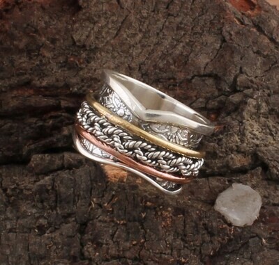 Hand Carved Top Quality Three Tone Spinner 925 Solid Silver & Brass Ring / Designer Boho Meditation Band Ring / Handmade Jewelry / Mother & Father Gifts For Her