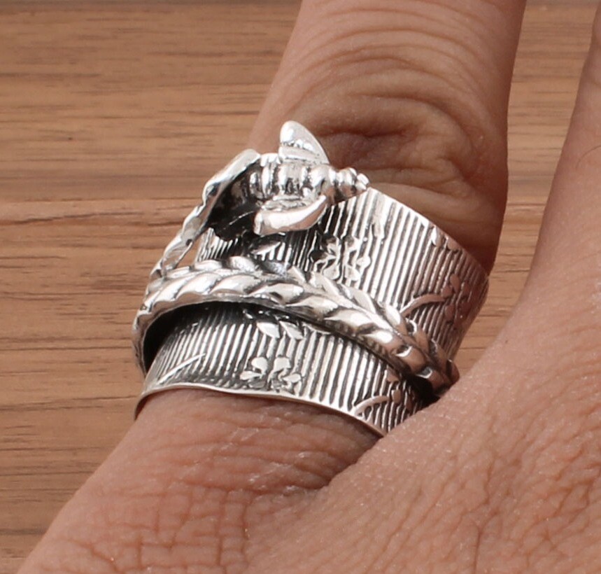 Leaf Spinner Solid 925 Sterling Silver Honey Bee Designer Ring/Handicraft Boho Ring/Antique Silver Ring/Thumb Ring/Band Ring For Mom Gifts For Her