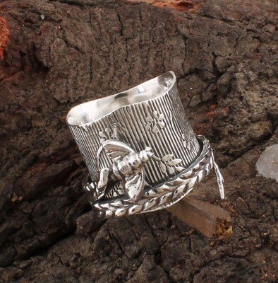 Leaf Spinner Solid 925 Sterling Silver Honey Bee Designer Ring/Handicraft Boho Ring/Antique Silver Ring/Thumb Ring/Band Ring For Mom Gifts For Her