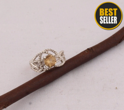Solid Sterling Silver Ring, Natural Citrine Ring, Yellow Round Handmade Gemstone, Silver Jewelry, Handcrafted, Engagement, Boho Dainty Ring