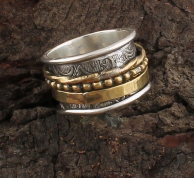 Antique Silver Hammered Textured Designer Spinner Ring / Two Tone 925 Sterling Silver & Brass Ring / Family Silver Spinner Band Ring / Thumb Ring / Women Gifts For Her