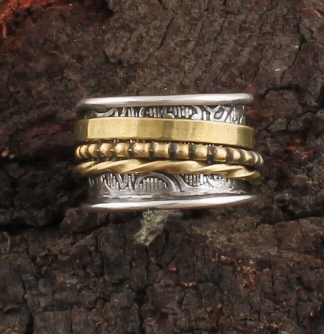 Antique Silver Hammered Textured Designer Spinner Ring / Two Tone 925 Sterling Silver &amp; Brass Ring / Family Silver Spinner Band Ring / Thumb Ring / Women Gifts For Her