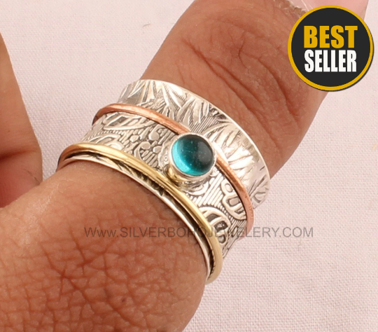 Natural Blue Topaz Spinner Ring - 925 Sterling Silver Hand Carved Band Spinner Ring - Handmade Round Ring - Women Jewelry -Ring Gift For Her