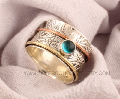 Natural Blue Topaz Spinner Ring - 925 Sterling Silver Hand Carved Band Spinner Ring - Handmade Round Ring - Women Jewelry -Ring Gift For Her