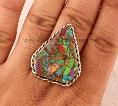 Mix Copper Turquoise Fancy Shape Gemstone Silver Ring - Solid 925 Sterling Silver Ring - Designer Handmade Ring For Wedding Anniversary Gift