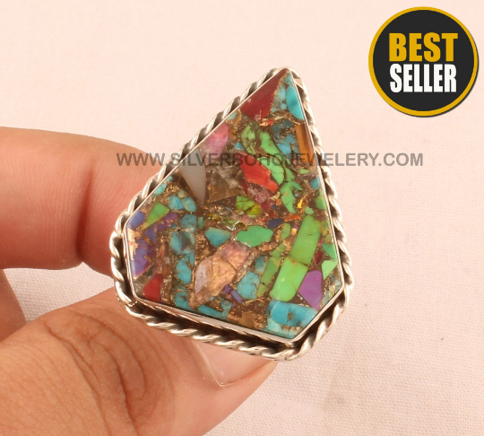 Mix Copper Turquoise Fancy Shape Gemstone Silver Ring - Solid 925 Sterling Silver Ring - Designer Handmade Ring For Wedding Anniversary Gift