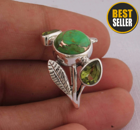 Combo Ring Composite Turquoise+Peridot Gemstone's Ring 925-Antique Silver Ring,Wedding Ring,Beautiful Ring,Gift Item Ring BOHO SILVER