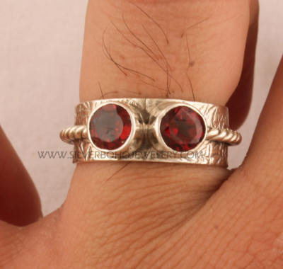 Natural Red Garnet Engraved Band Solid 925 Sterling Silver Ring For Women, Handmade Round Two Stone Ring For Wedding Anniversary Gift Idea