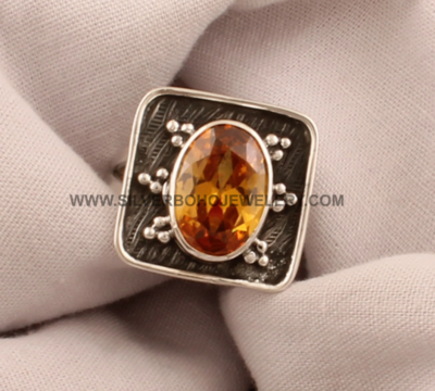Yellow Cubic Zirconia Oxidized Square Solid 925 Sterling Silver Adjustable Ring For Wedding, Handmade Boho Silver Oval Zircon Citrine Ring