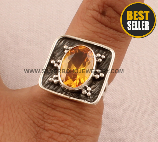 Yellow Cubic Zirconia Oxidized Square Solid 925 Sterling Silver Adjustable Ring For Wedding, Handmade Boho Silver Oval Zircon Citrine Ring