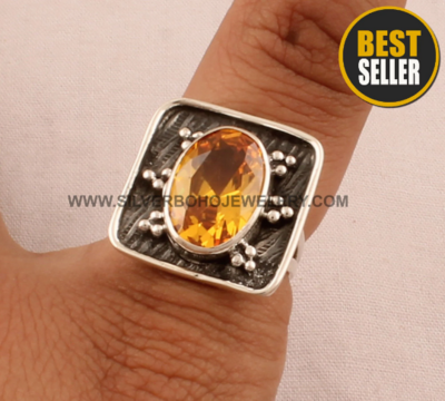 Yellow Cubic Zirconia Oxidized Square Solid 925 Sterling Silver Adjustable Ring For Wedding, Handmade Boho Silver Oval Zircon Citrine Ring