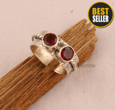 Natural Red Garnet Engraved Band Solid 925 Sterling Silver Ring For Women, Handmade Round Two Stone Ring For Wedding Anniversary Gift Idea