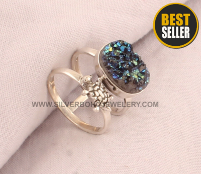 Titanium Druzy Silver Ring - Solid 925 Sterling Silver Turtle Ring - Double Band Rings - Handmade Rainbow Druzy Ring - Women Ring For Gift