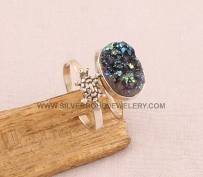 Titanium Druzy Silver Ring - Solid 925 Sterling Silver Turtle Ring - Double Band Rings - Handmade Rainbow Druzy Ring - Women Ring For Gift