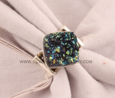 Titanium Druzy Cushion Shape Gemstone Silver Ring - 925 Sterling Solid Silver Band Ring - Double Band Rings - Handmade Women Jewelry - Gift
