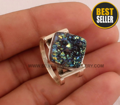 Titanium Druzy Cushion Shape Gemstone Silver Ring - 925 Sterling Solid Silver Band Ring - Double Band Rings - Handmade Women Jewelry - Gift