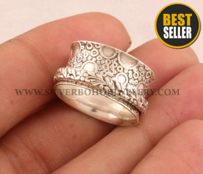 Designer Carved Solid 925 Sterling Silver Spinner Ring For Women - Handmade Silver Band Meditation Ring For Her -Worry Ring For Wedding Gift
