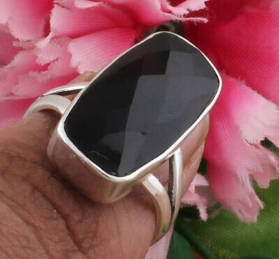 Natural Black Onyx Solid 925 Sterling Silver Rectangle Designer Ring For Women / Handmade Faceted Stone Fancy Ring Gifts Idea