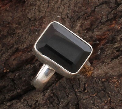 Natural Black Onyx Solid 925 Sterling Silver Rectangle Ring For Weddings / Handmade Faceted Cut Stone Simple Ring Gifts For Her