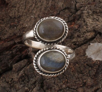 Solid Natural Labradorite Adjustable Silver Ring | 925 Sterling Silver Designer Oval Shape Ring | Handmade Two Gemstone Ring March Birthstone Gifts For Her