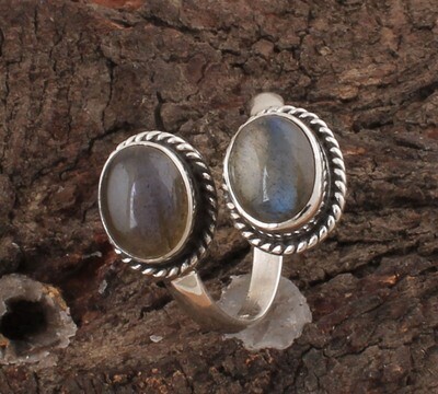 Solid Natural Labradorite Adjustable Silver Ring | 925 Sterling Silver Designer Oval Shape Ring | Handmade Two Gemstone Ring March Birthstone Gifts For Her
