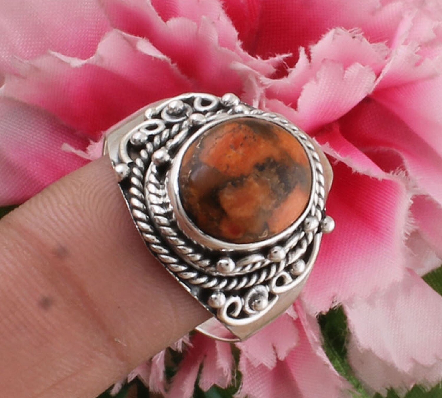 Orange Copper Turquoise Ring - Oval Cabochon Ring - 925 Sterling Solid Silver Ring - Bride Ring - Handmade Designer Ring - Oval Turquoise Semi Precious Stone Ring2022