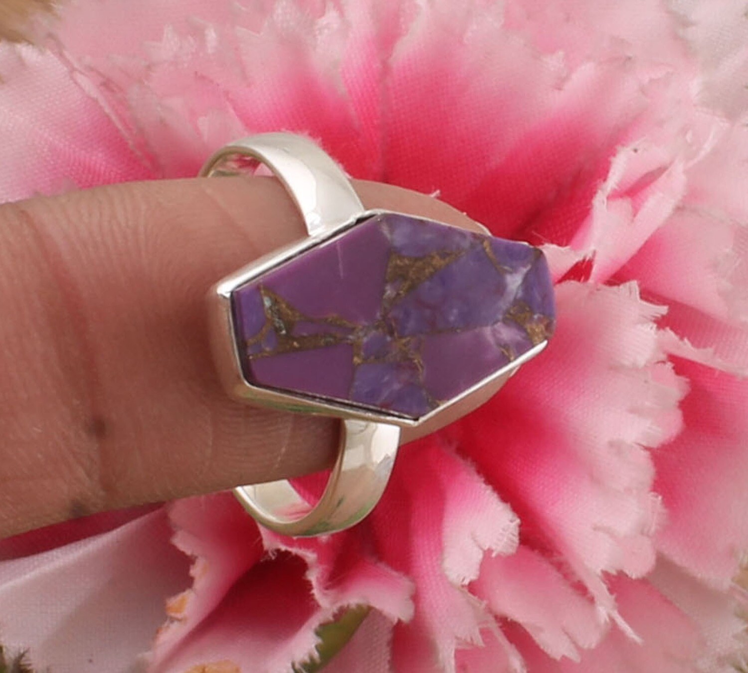 Fancy Purple Copper Turquoise AAA+Quality Gemstone Ring | Simple Flat Stone Ring | Women Gifted Ring | Solid 925 Sterling Silver Ring | Mom Gifts Item Ring.