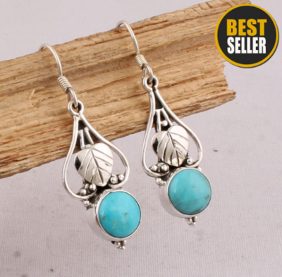 Authentic Natural Copper Turquoise Earring, Dainty Hoop Earrings, Silver Dangle Earring, Adorable, Blue Earring, Initial