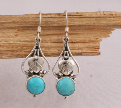 Authentic Natural Copper Turquoise Earring, Dainty Hoop Earrings, Silver Dangle Earring, Adorable, Blue Earring, Initial