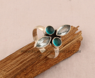 Natural Blue Topaz 925 Sterling Solid Silver Adjustable Ring For Women, Handmade Marquise Round Stone Ring For Wedding, Engagement Ring Gift