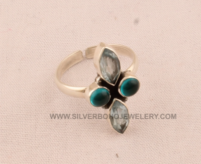 Natural Blue Topaz 925 Sterling Solid Silver Adjustable Ring For Women, Handmade Marquise Round Stone Ring For Wedding, Engagement Ring Gift