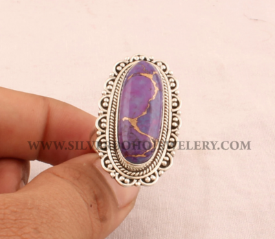 Purple Copper Turquoise Solid 925 Sterling Silver Ring For Women, Turquoise Big Stone Boho Silver Flower Ring For Her, Handmade Wedding Ring