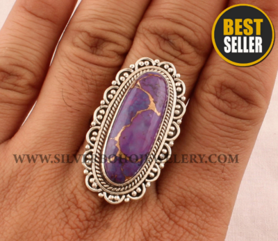 Purple Copper Turquoise Solid 925 Sterling Silver Ring For Women, Turquoise Big Stone Boho Silver Flower Ring For Her, Handmade Wedding Ring