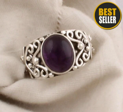 Natural Amethyst Gemstone Ring, Solid 925 Sterling Silver, Purple Oval AAA+Quality Stone, Cabochon Ring, February Birthstone