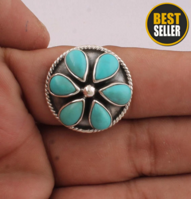 Sleeping Beauty Turquoise Top Quality Gemstone Ring Cabochon Stone Ring 925-Sterling Silver Ring,Index Finger Ring Six Pear Stone Ring