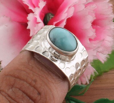 Solid 925 Sterling Silver Natural Larimar Gemstone Ring / Hammered Oval Shape Band Ring / Handmade Ring For Women Weddings Gifts Idea