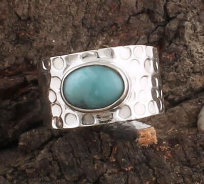 Solid 925 Sterling Silver Natural Larimar Gemstone Ring / Hammered Oval Shape Band Ring / Handmade Ring For Women Weddings Gifts Idea