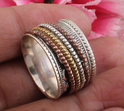 Flower Solid 925 Sterling Silver Designer Three Tone Spinner Ring For Wedding | Handmade Three Tone Meditation Band Ring For Women | Anxiety Ring For Anniversary Gifts Idea