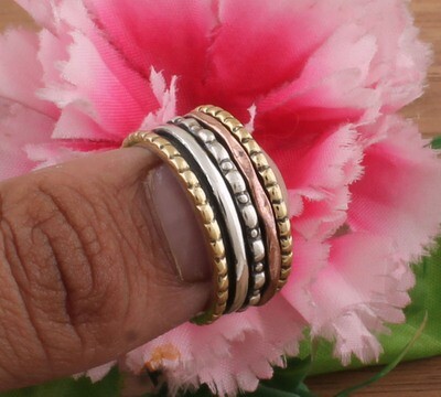Solid 925 Sterling Silver Designer Three Tone Spinner Band Ring For Wedding | Handmade Three Tone Meditation Ring For Women | Anxiety Ring For Mom Gifts Idea